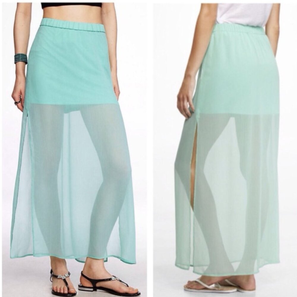 Express Sheer Maxi Skirt With Side Slits | Medium | Green Mini Skirt Lined Fairy